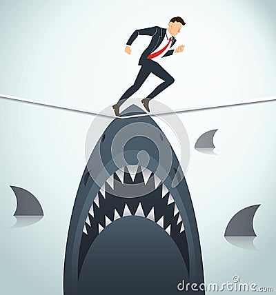 Illustration of a businessman walking on rope with sharks underneath business risk chance Vector Illustration