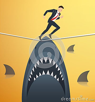 Illustration of a businessman walking on rope with sharks underneath business risk chance Vector Illustration