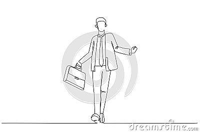 Illustration of businessman wearing glasses and holding a hand case, welcoming while walking. Single line art style Vector Illustration