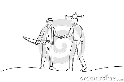 Illustration of businessmen shaking hands agreement after finished danger risky apple shot archery show. Metaphor for trusted Vector Illustration