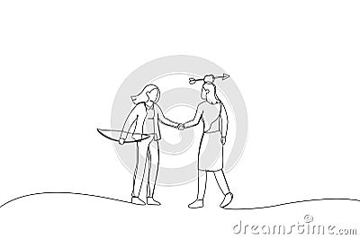 Illustration of businessmen shaking hands agreement after finished danger risky apple shot archery show. Metaphor for trusted Vector Illustration