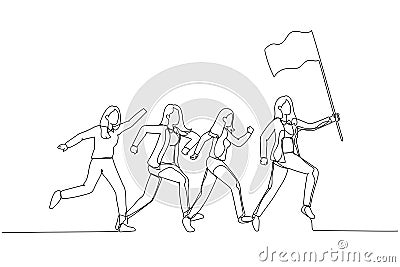 Illustration of businesswoman hold flag and lead the way. Single line art style Vector Illustration