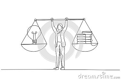 Illustration of businesswoman holding weights in his hands which is the money and idea. One continuous line art style Vector Illustration