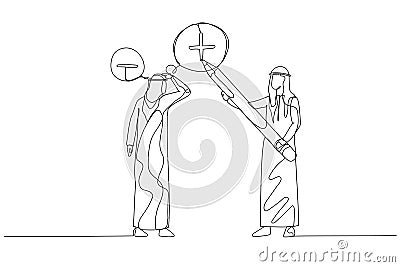 Illustration of businesswoman manager using pencil to draw positive sign on employee negative thought concept of attitude. Single Vector Illustration