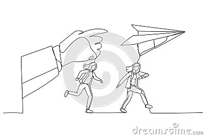 Illustration of businesswoman run to paper plan. Metaphor for follow instruction. Single line art style Vector Illustration