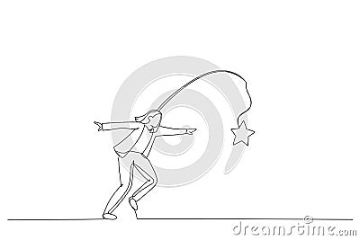 Illustration of businesswoman running with carrot stick trying to grab star prize award. Metaphor for incentive. Single continuous Vector Illustration
