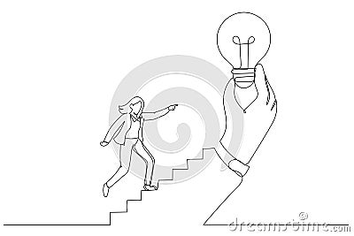 Illustration of businesswoman step on stair of big hand holding inspiring bright lightbulb. Inspiration idea. One continuous line Vector Illustration