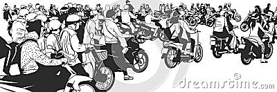 Illustration of busy south east asian street view with motorbikes and mopeds Stock Photo