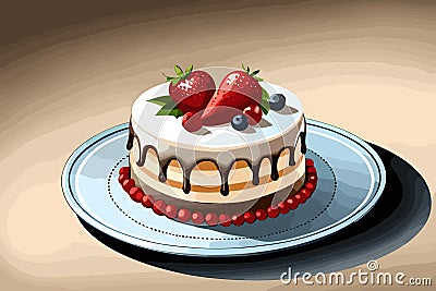 Illustration of a cake with strawberries and blueberries on a plate, fresh baked bakery, sweet dessert, generative ai Stock Photo