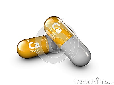 Illustration of Calcium mineral. Glossy drop pill capsule and vitamin complex. Healthy life medical dietary supplement Cartoon Illustration