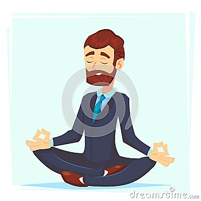 Illustration of a calm, young cartoon businessman sitting cross-legged, smiling and meditating Vector cartoon character office wor Stock Photo
