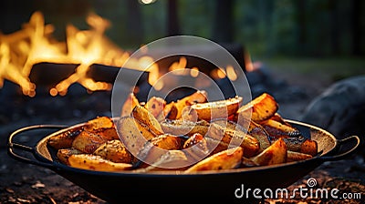 Potato wedges done on fire during camping Cartoon Illustration