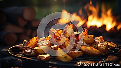 Potato wedges done on fire during camping Cartoon Illustration