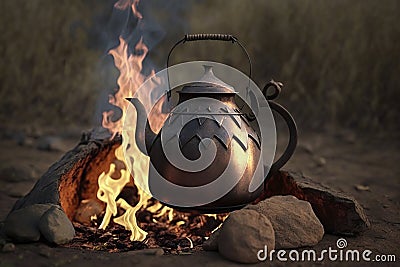 illustration, campfire camping kettle cozy camping spot in wild and generative ai Cartoon Illustration