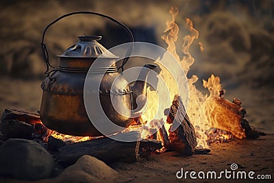 illustration, campfire camping kettle cozy camping spot in wild and generative ai Cartoon Illustration