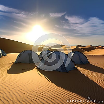 Camping tents in desert, travel, destination scenics Cartoon Illustration