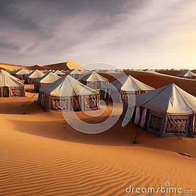 Camping tents in desert, travel, destination scenics Cartoon Illustration