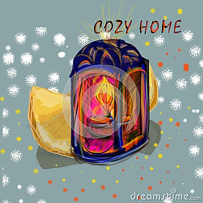 Illustration candle with fire.christmas illustration, lemon, cozy home Cartoon Illustration