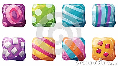 An illustration of candy app icons, UI square buttons, a cartoon lollipop menu interface with colored blocks. A 2D Cartoon Illustration