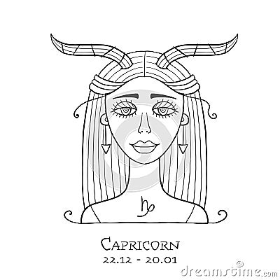 Illustration of Capricorn zodiac sign. Element of Earth. Beautiful Girl Portrait. One of 12 Women in Collection For Your Vector Illustration