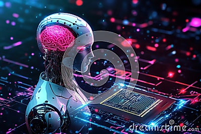 Exploring the future of AI with a robot, microchip, and digital brain on vibrant holographic platforms Cartoon Illustration