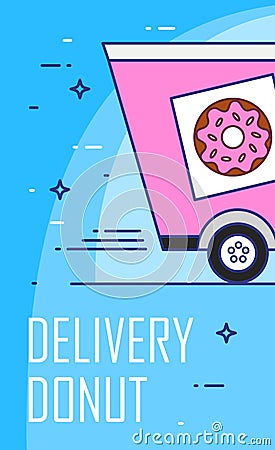 Illustration with car and box of donut. Vector banner for delivery food. Thin line flat design card Vector Illustration