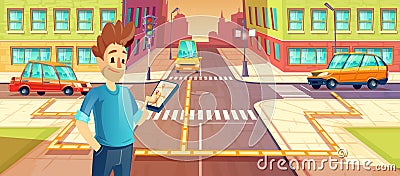 illustration of car sharing, man with mobile phone with carpooling app. Vehicle rent concept for travel, trip Cartoon Illustration