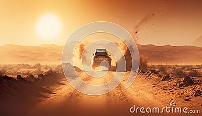 Car traveling through the desert dusty road under the sun Cartoon Illustration