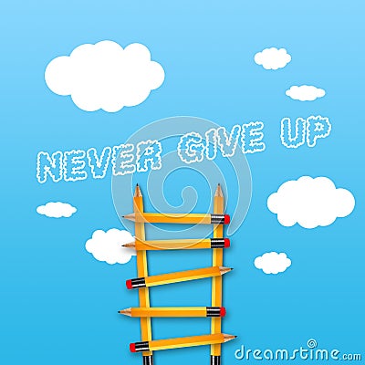 Illustration with a career ladder with message never give up on blue sky background Stock Photo