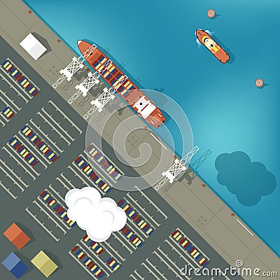 Illustration of a cargo port in flat style. Top Vector Illustration