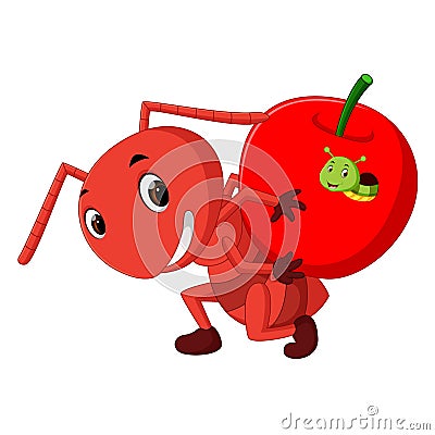 Cartoon ants holding apple and caterpillar inside Vector Illustration