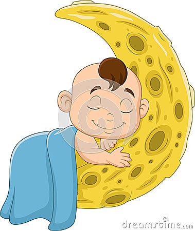 Cartoon baby boy sleeping on the moon Vector Illustration