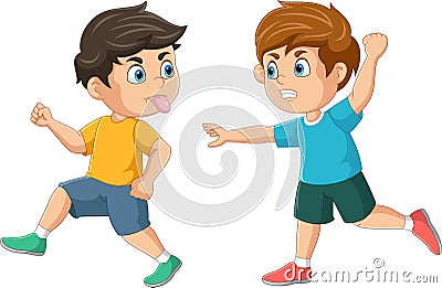 Cartoon bad boy running with showing tongue and grimacing face to angry friend Vector Illustration