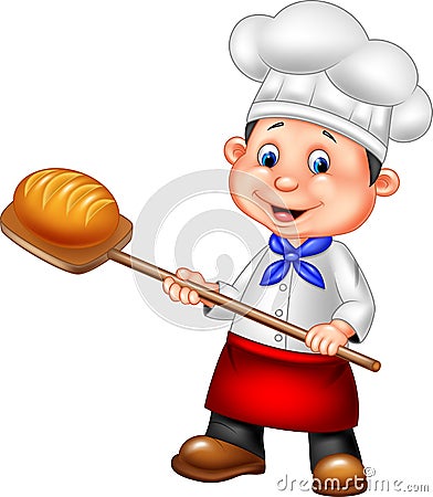 Cartoon baker holding bakery peel tool with bread Vector Illustration