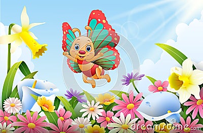 Cartoon bee flying over flower field Vector Illustration