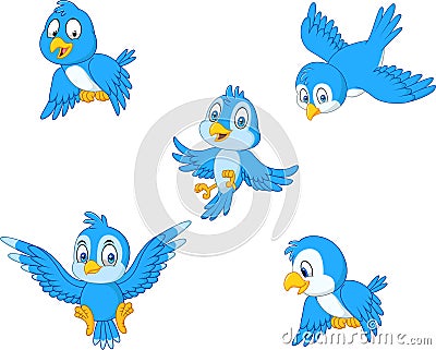 Cartoon blue bird collection set Vector Illustration