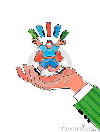 Illustration of a cartoon character with books or boxes. Vector. Mascot for the company. Metaphor big caring hand holds a man. Cha Vector Illustration