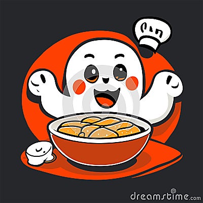 Illustration of a cartoon character with a bowl of noodle. AI Generated Stock Photo