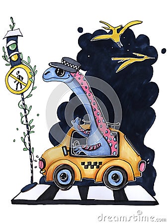 Illustration cartoon childish style about the profession of a taxi driver dinosaur in the car humorous sketch about traffic rules Stock Photo