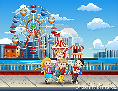 Cartoon of Children having fun on the lakeside with amusement park background Vector Illustration