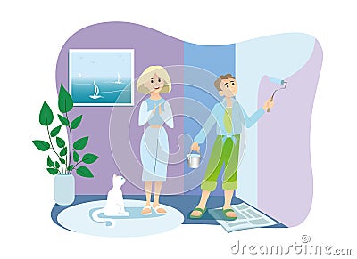 Illustration of cartoon couple of workers paint walls Vector Illustration