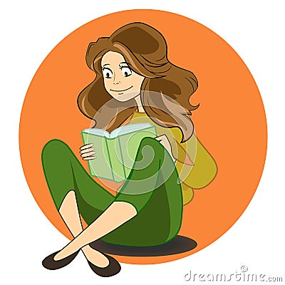 Illustration of cartoon cute girl reading book in library Vector Illustration