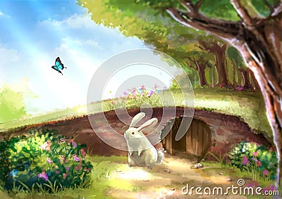 Illustration of cartoon cute white rabbit bunny is standing near Stock Photo