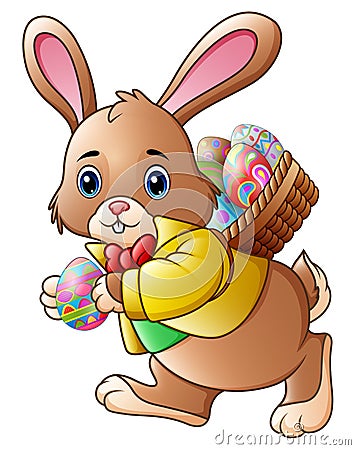 Cartoon Easter bunny carrying a basket full of eggs Vector Illustration