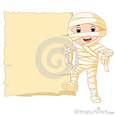 Cartoon Egyptian mummy with blank sign Vector Illustration