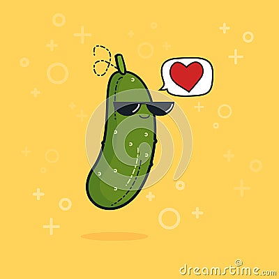 Illustration cartoon funny cucumber icon with black sunglasses isolated, cucumber love Stock Photo