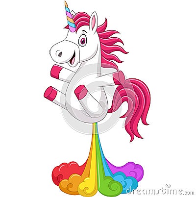 Cartoon funny unicorn horse with rainbows fart Vector Illustration