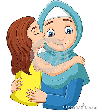 Cartoon girl kissing her mother`s cheek Vector Illustration