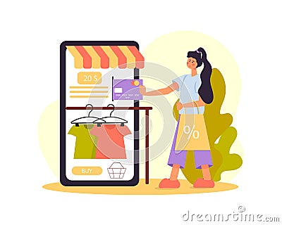 Illustration of cartoon girl pays by credit card through phone Vector Illustration