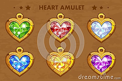 Illustration cartoon golden heart love amulets Vector Illustration